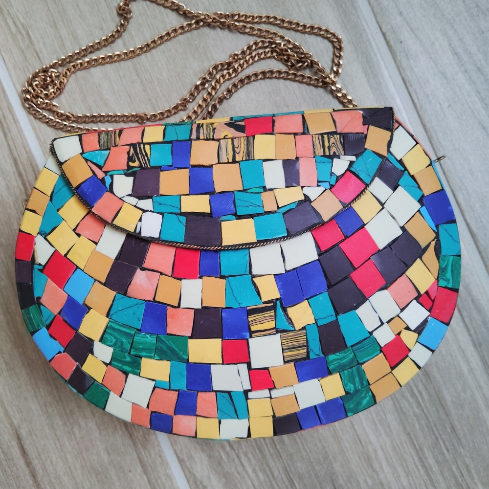 New Ramla Hand Made Moroccan Multicolor Mosaic Clutch with Chain Strap